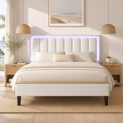 Ensemble de chambre à coucher 3 pièces, cadre de lit rembourré à éclairage DEL intelligent et tables de chevet de rangement à éclairage DEL contrôlables par application