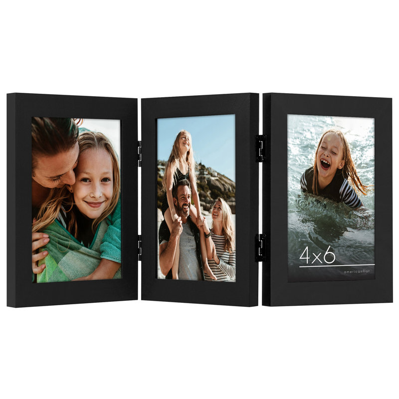 Cadre à charnières pour bureau trois photos - Bois composite et verre incassable, 4 po x 6 po, Noir