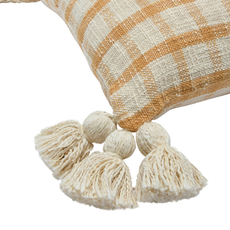 Mustard and Cream Plaid Cotton Pillow with Tassels