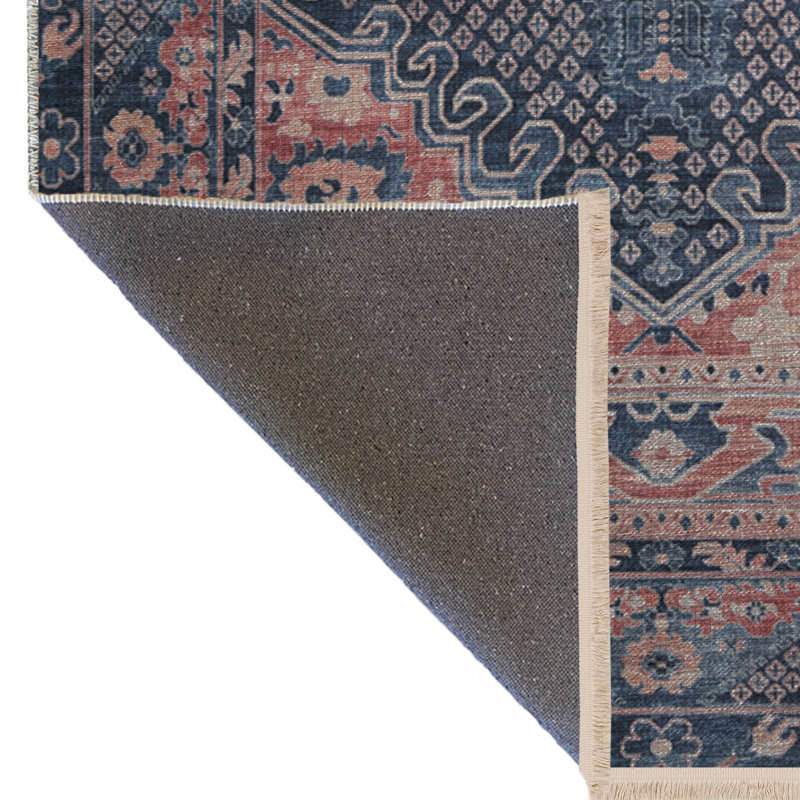 Tapis décoratif rétro à motif traditionnel rose et bleu, Rectangle 4 pi 7,12 po x 6 pi 6,74 po