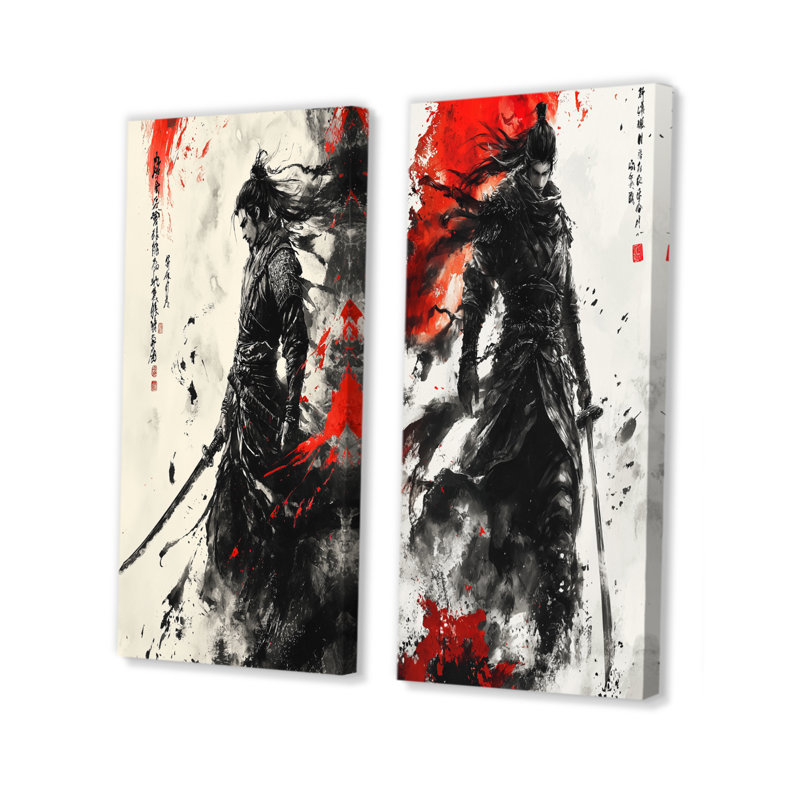 Ensemble de 2 pièces d'art de la guerre de la Chine antique noire accentuée de rouge I - Warrior, H 40 po x l 40 po