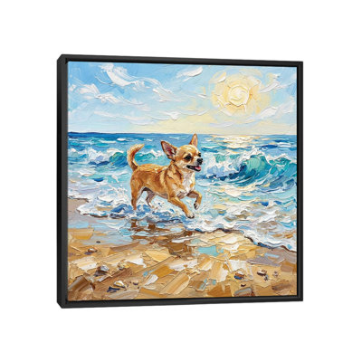 «Frolick Chihuahua At The Beach», reproduction d'art sur toile encadrée