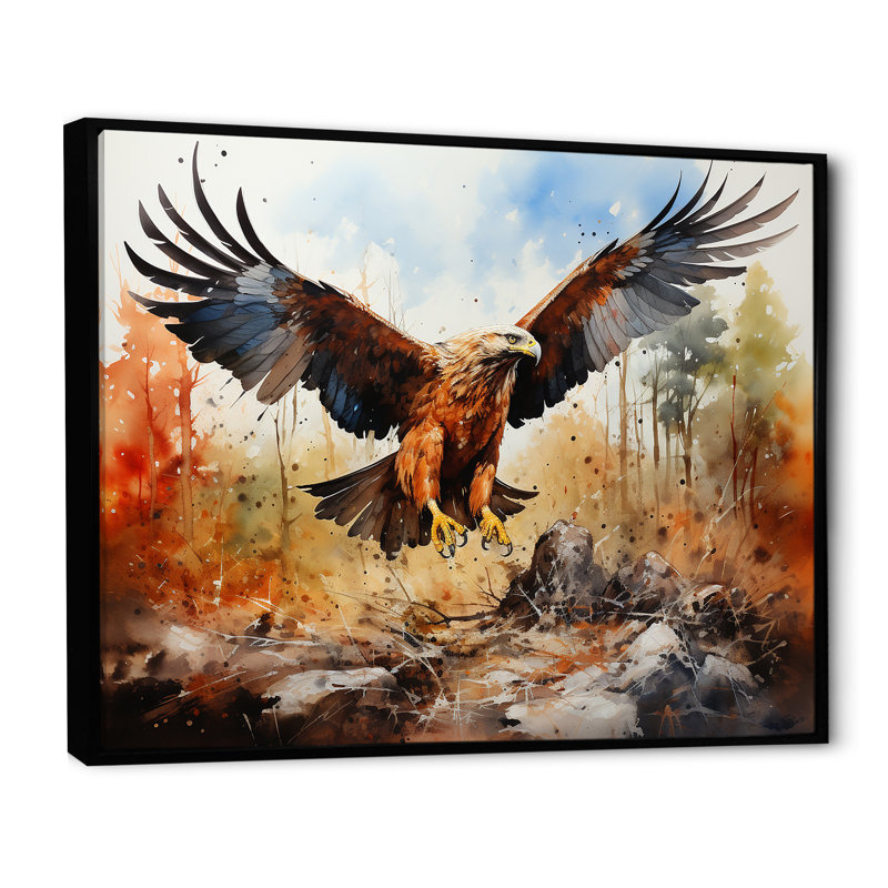 Aigle en vol chasse sur toile, Cadre flottant noir, H 30 po x l 40 po x P 1,5 po