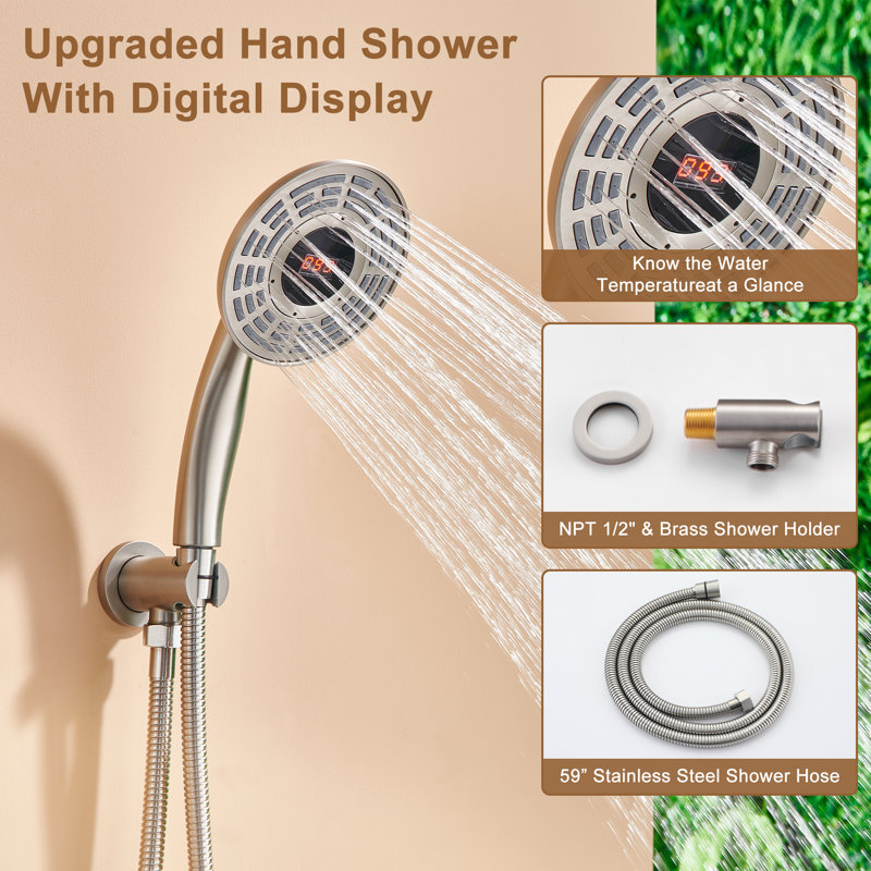 Thermostatic Rainfall Shower System with Rough in-Valve and Digital Display Handheld, Brushed Nickel