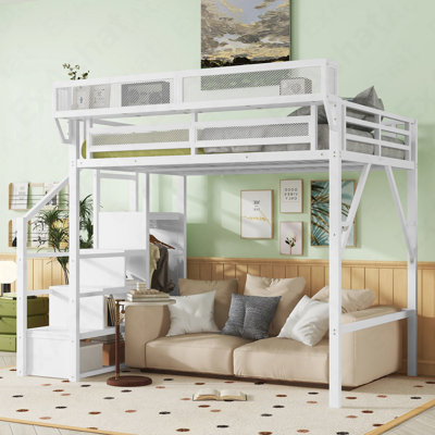 Lit mezzanine double avec escalier, lit mezzanine double en métal avec tablettes de rangement, lit mezzanine haute avec garde-robe pour enfants, blanc, produits brevetés