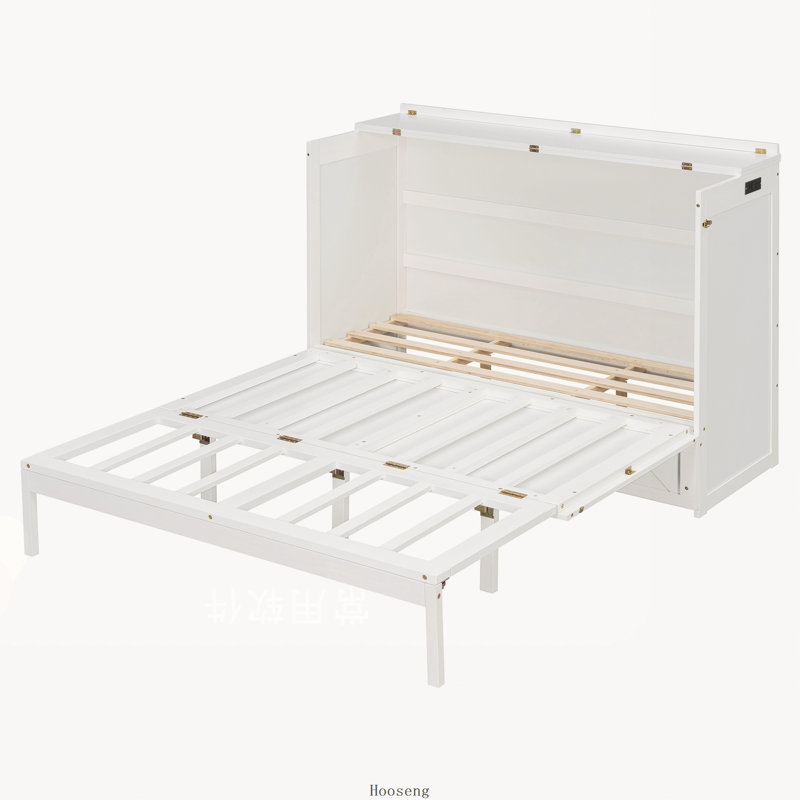 Lit escamotable Queen avec tiroir, prises et ports USB, blanc, Blanc