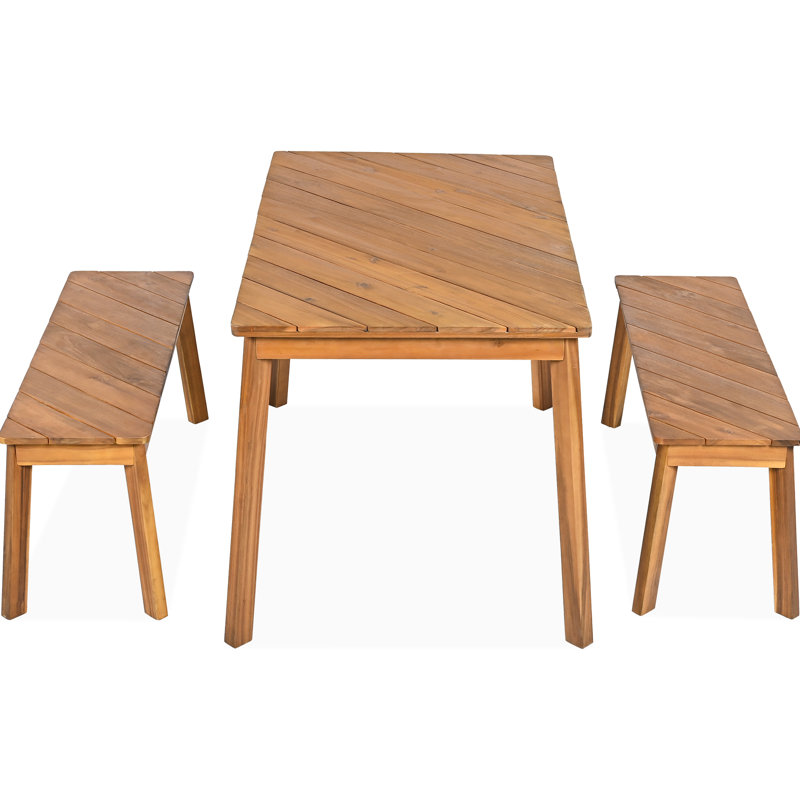 Mobilier de salle à manger en bois 3 pièces pour l'extérieur et l'intérieur avec 2 bancs, conception à grain diagonal moderne, assemblage rapide, patins réglables pour une utilisation sécuritaire faits d'espaces, stable simple et distinctive sur tous les étages