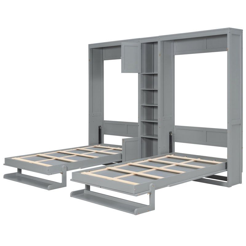 Double lit simple mural gris, avec armoires de rangement, tablette convertible, lits gris au design intérieur épuré, avec tablettes et conception peu encombrante, convient à un matelas de 6 à 8 pouces