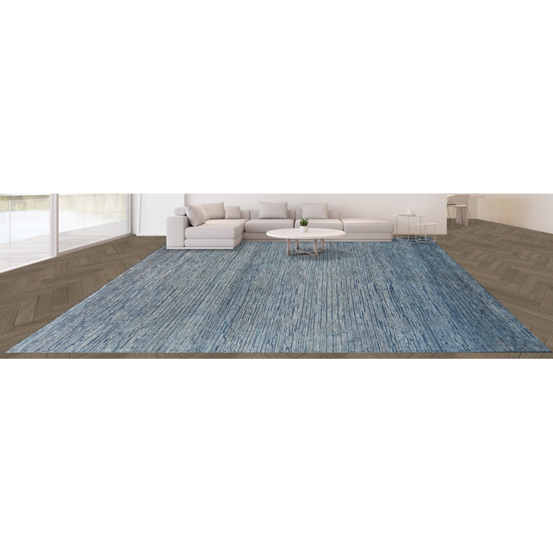 Tapis rectangulaire en laine noué à la main bleu / beige, Rectangle 6 pi x 9 pi