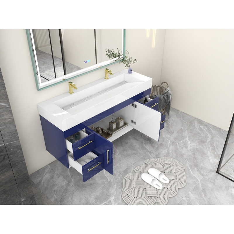 60" Double Sink Bathroom Vanity Set, Glossy Night Blue