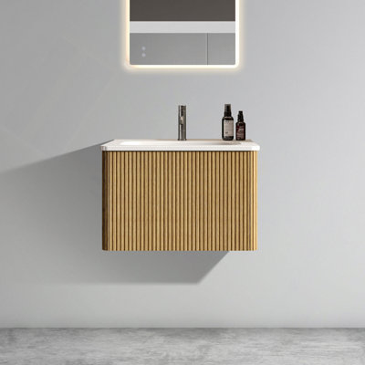 Meuble-lavabo rayé avec lavabo en céramique blanc, meuble-lavabo mural flottant pour salle de bain moderne, pré-assemblé