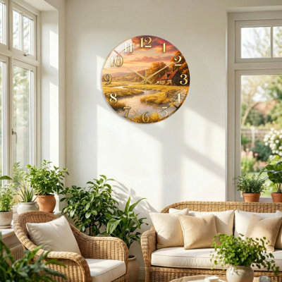 Rural Landscape Modern Decorated Glass Wall Clock Home Decor Art-15.7"