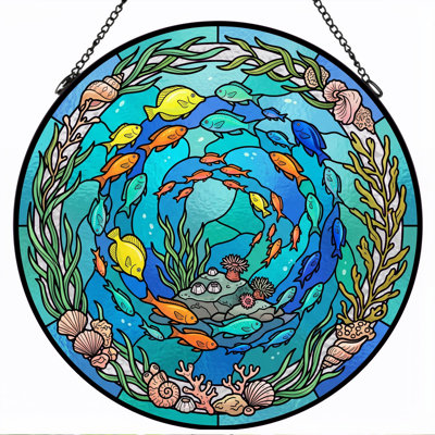 Underwater Scene Stained Glass Window Panel，12"H