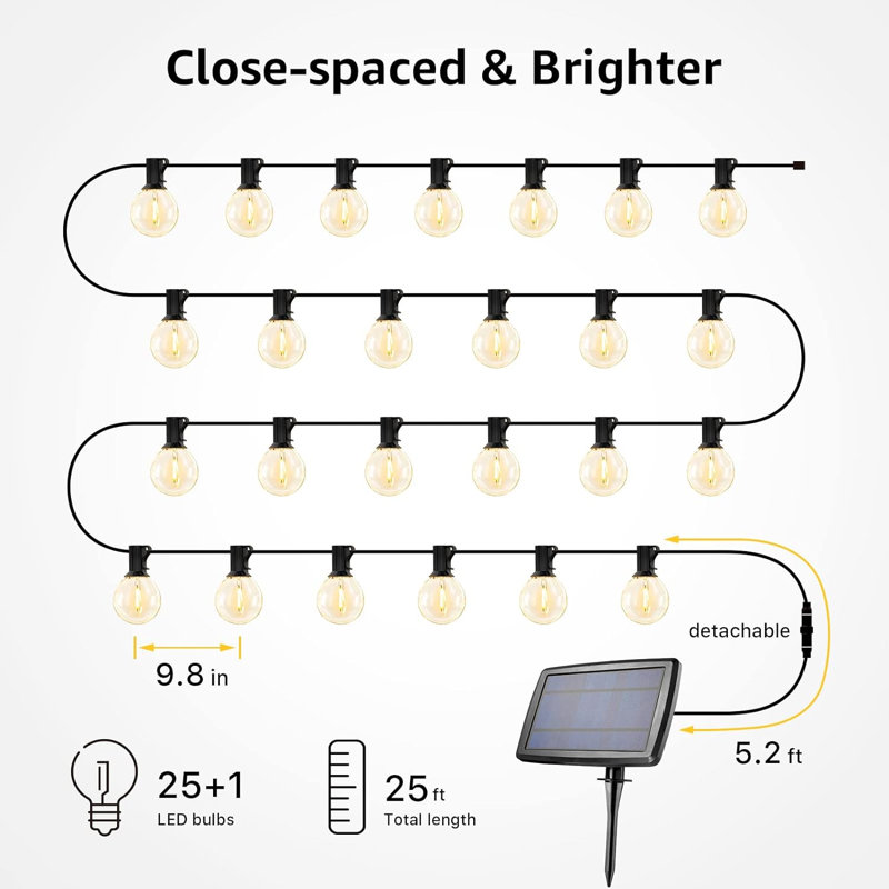 Solar Powered Outdoor 50ft 25 Bulbs Standard String Lights