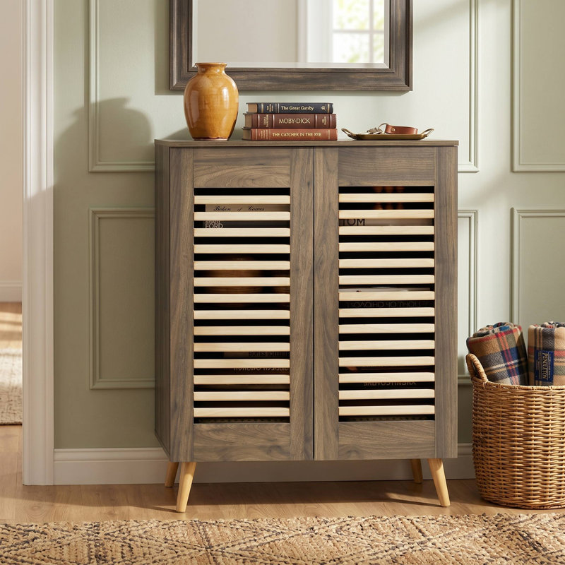 Freestanding Shoe Storage Cabinet, Breathable Louvered Doors & Adjustable Removable Shelves, Anti-Tip Design Suitable For Entryway