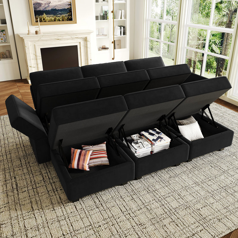 Canapé-lit modulaire en velours Teangela, Velours noir