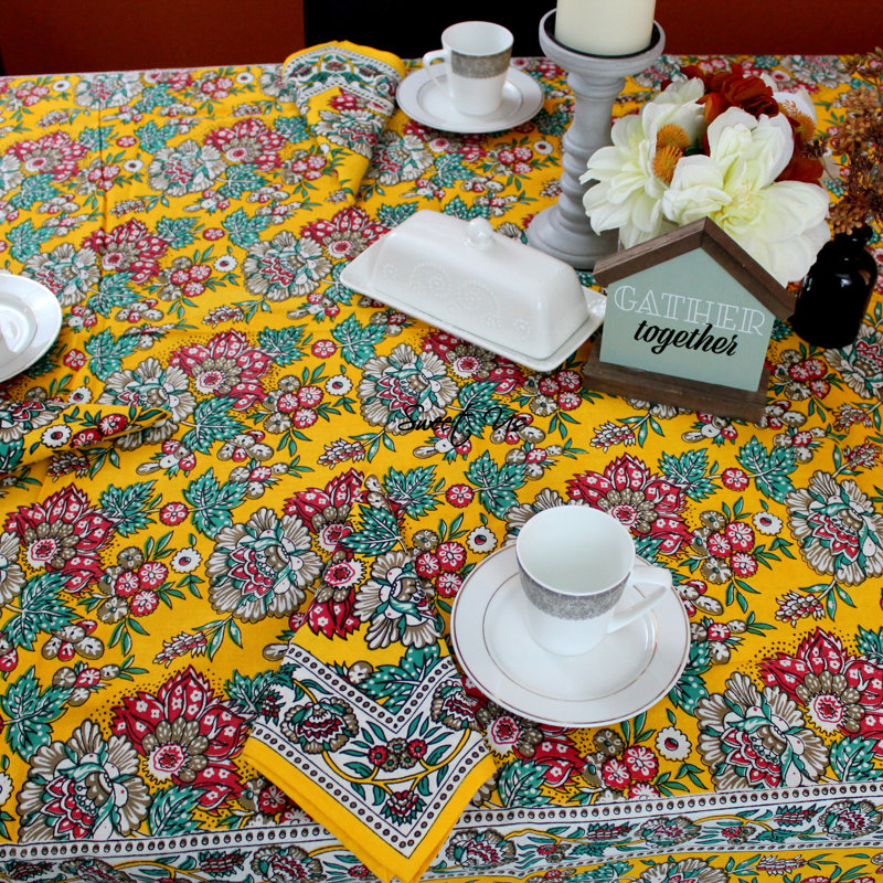 Griner Floral 100% Cotton Tablecloth, Yellow, Rectangle 86" L x 58" W