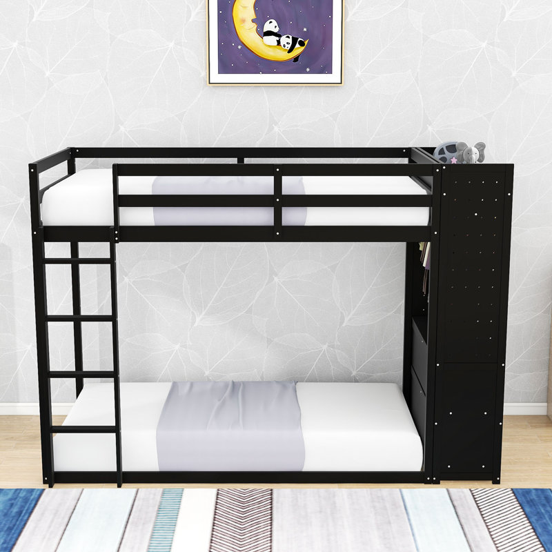 Lit superposé simple en bois avec garde-robe intégré, bande lumineuse et tiroirs de rangement, Noir