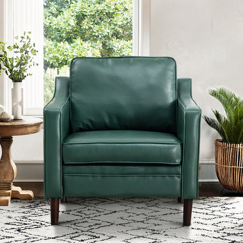 Jannae 32 Inch Vegan Leather Upholstered Square Arm Accent Chair, Dark Green Faux Leather