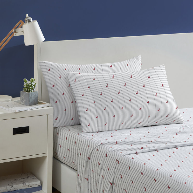 Bradford 200 Thread Count Breathable Cotton Percale Sheet Set, Full Sheet Set with 2 Pillowcases, Audley Stripe Red