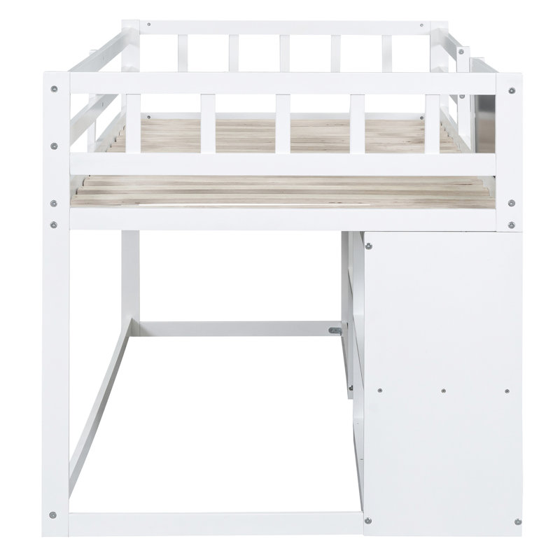 Lit mezzanine simple bas blanc avec bureau roulant et beaucoup de rangement - Bureau de construction solide en bois massif stable, tablette et tiroirs blanc, design compact