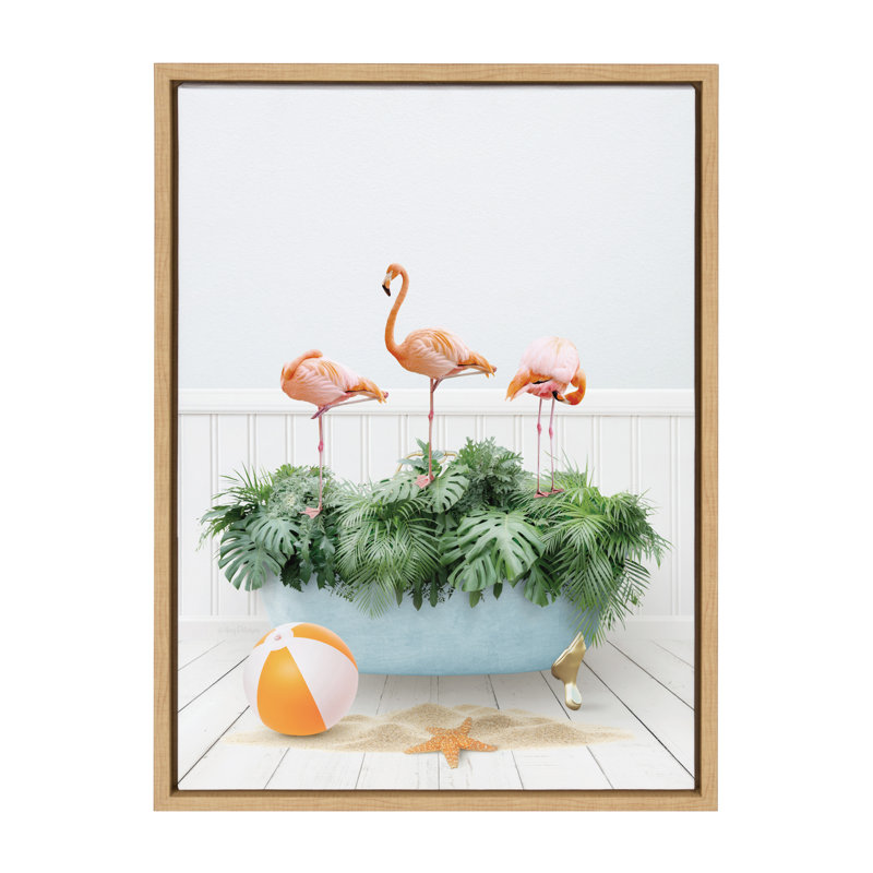 Three Flamants Beach House Bath par Amy Peterson, reproduction d'art sur toile encadrée, Naturel