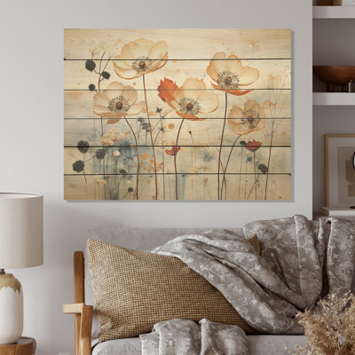 Minimalism Beige And Peach Cornflowers - Cornflowers Wood Wall Art On Natural Pine Wood