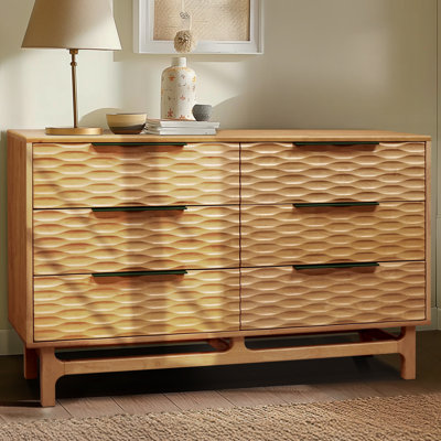 Elara 6-Drawer Solid Wood Double Dresser | Mid-Century Modern Horizontal Chest of Drawers with CNC Wave Texture, Natural Oak