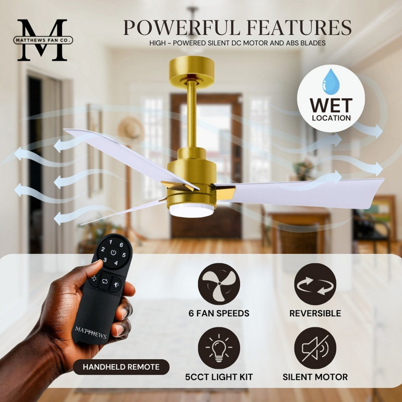 Alessandra - Three Blade Transitional Ceiling Fan -LED, Matte White, Brushed Brass, 56"