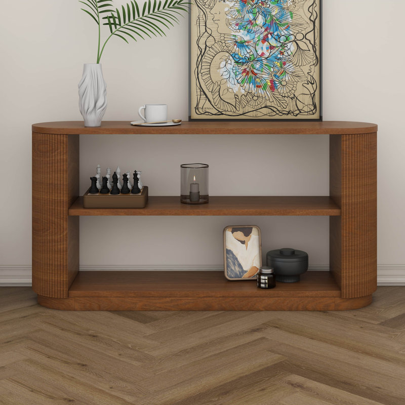 Table de canapé avec tablette ouverte et finition grain de bois, console d'entrée moderne, design polyvalent et peu encombrant