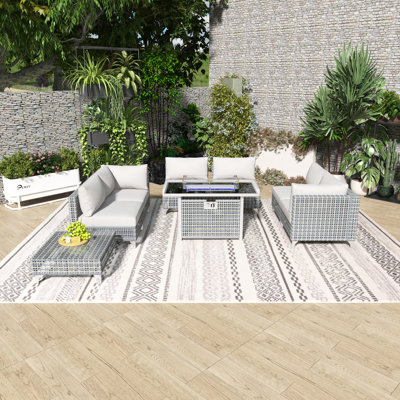 111.6''Rattan+Metal Outdoor Patio Sofa With Water Resistant Gray Thick Cushions