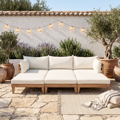 Ensemble de canapé modulaire d'extérieur en bois 6 pièces avec 3 repose-pieds, 6 coussins et 5 coussins