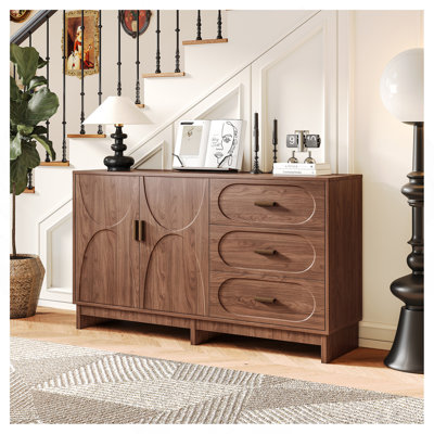 Buffet 47,2 po avec 2 portes et 3 tiroirs, finition noyer avec texture de grain ovale, armoire de rangement de style maison de campagne pour le couloir du salon de la salle à manger, mobilier d'appoint pour grand espace, assemblage facile