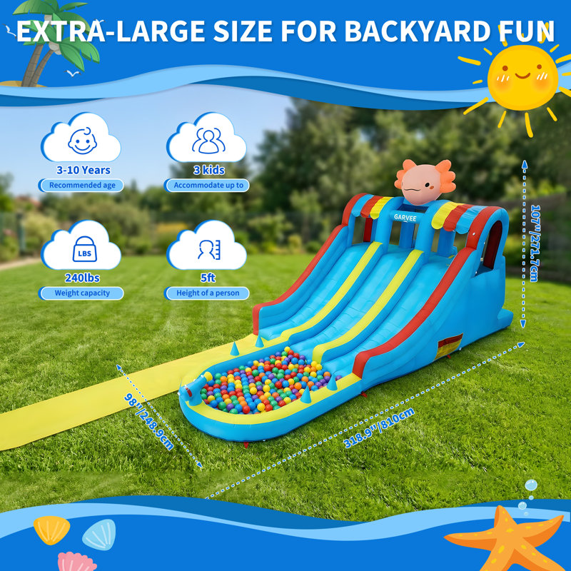 Jeu gonflable pour enfants avec parc aquatique gonflable - glissade double, tapis de jeu long, pataugeoire, Oxford durable, puissant ventilateur - thème hexagonal de dragon, norme américaine