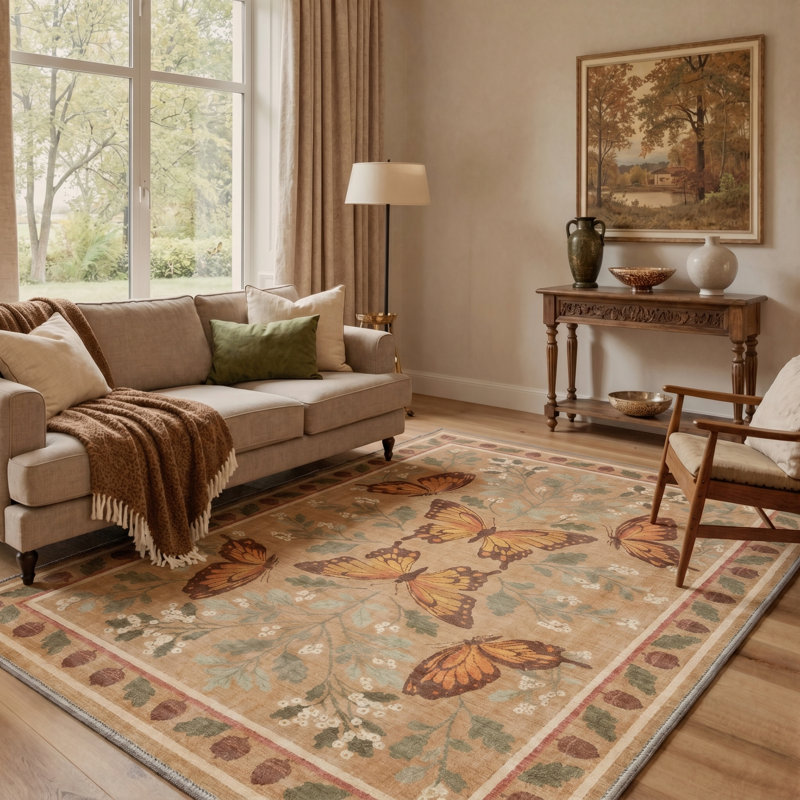 Monarchia Vintage Machine Washable Beige / Brown / Green Indoor Area Rug with Non-Slip Backing, Round 5'