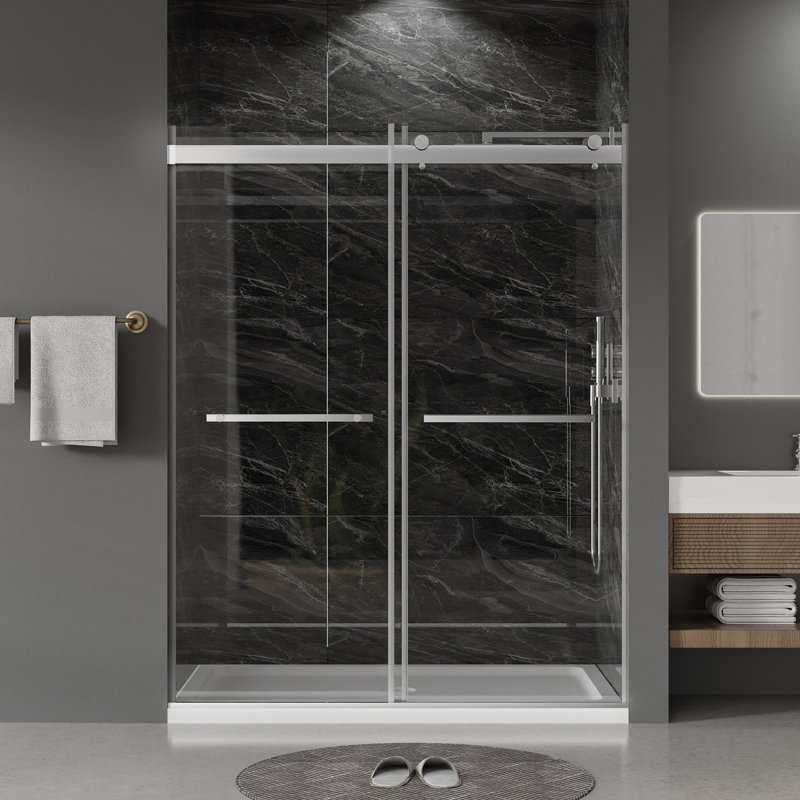 55-59＂W X 75＂H Double Sliding Shower Door With 5/16＂tempered Glass, Frameless Shower Door, Bathroom, Brushed Nickel