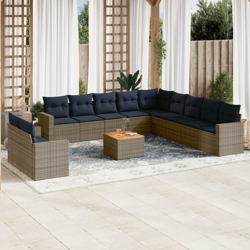 Ensemble de canapé de patio 12 pièces avec coussins en rotin de polyester, Marine, Gris