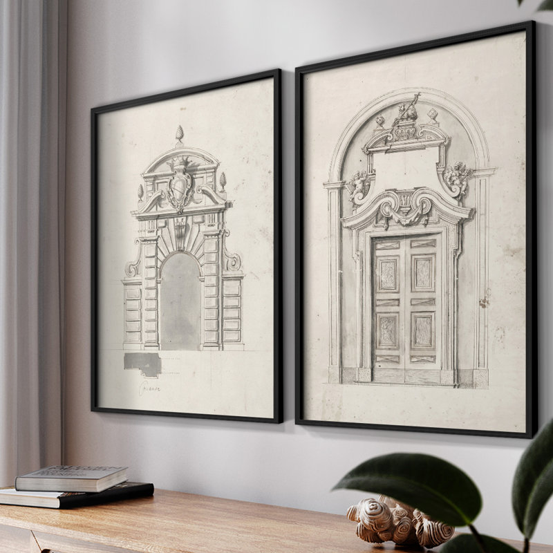Croquis rétro, impression giclée sur fond vintage - ensemble de 2, Noir, H 10 po x l 16 po