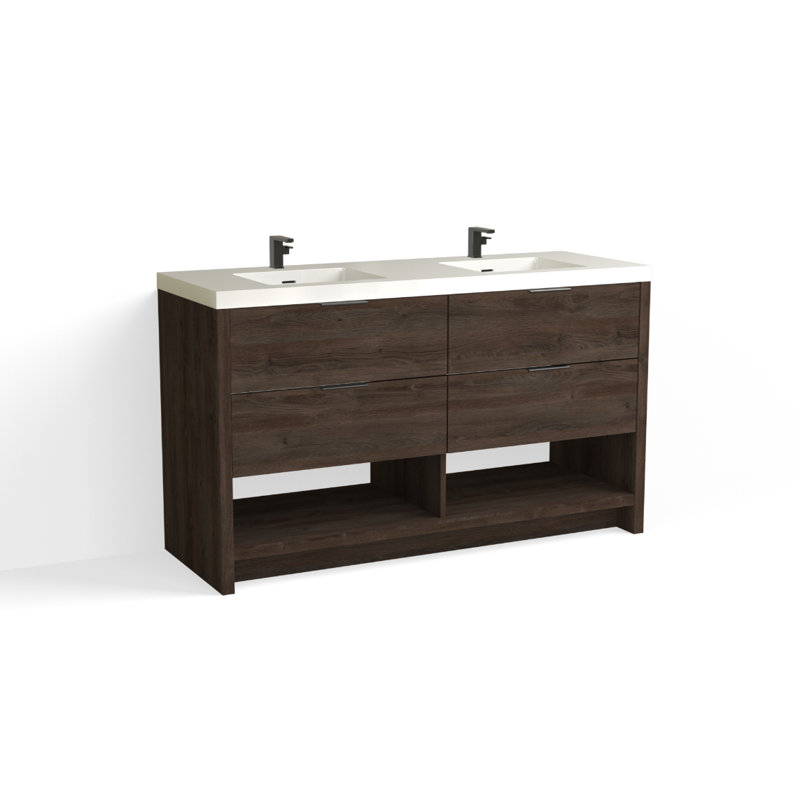 Vue 60" W Freestanding Double Bathroom Vanity, Glossy White/8" Widespread, Matte Black, White Nanomatte