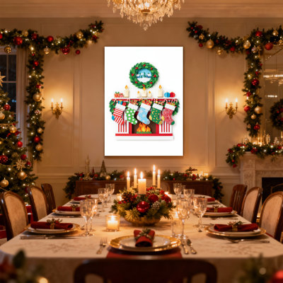 Christmas Christmas Fireplace With Stockings And Wreath Set of 3 Canvas Wall Art Prints