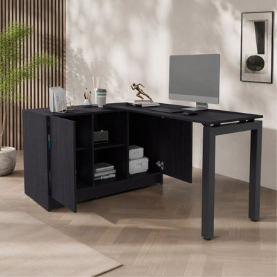 Bureau en wengé avec deux tablettes de rangement ouvertes