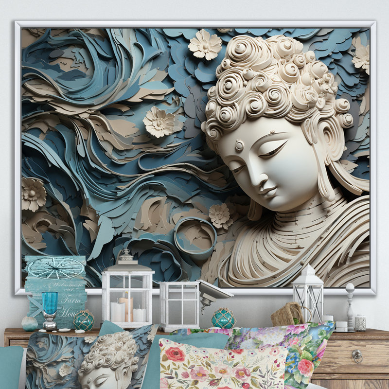 Statue religieuse bouddhisme I - décoration murale bouddhisme, Cadre flottant blanc, H 12 po x l 20 po x P 1 po