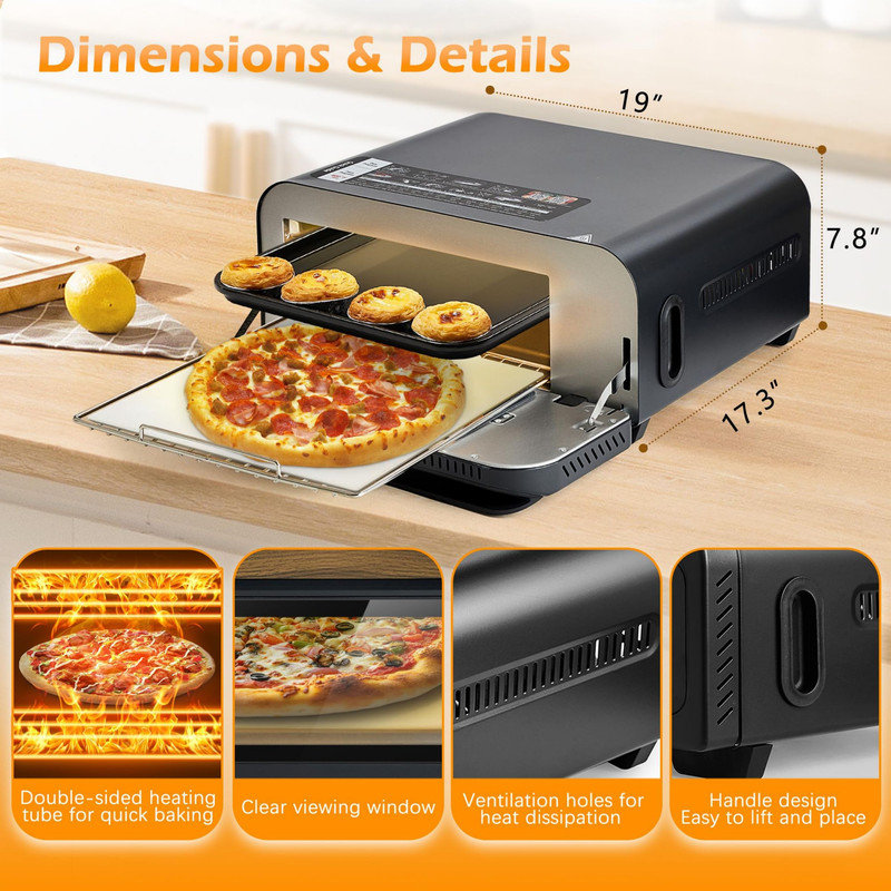 800? Four à pizza électrique, pizzas de 12 pouces, 15 fonctions, 9 accessoires, comptoir, noir