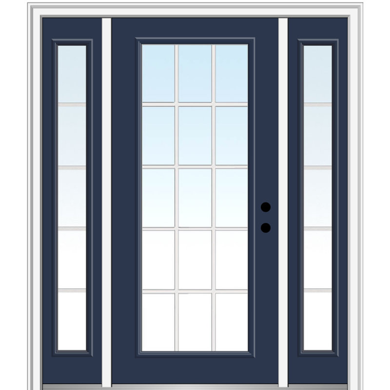 Porte d'entrée pré-suspendue en fibre de verre préfinie lisse, H 80 po x l 64 po x P 1,75 po, Naval, Ouverture vers la gauche