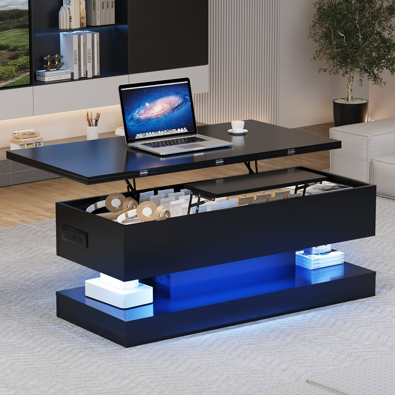 47.2 Inch Large Lift Top Coffee Table Modern High Glossy LED Storage Table with APP Control for Living Room Dining Room Home Office Black 47.2"l*19.29"w*17.72"h
