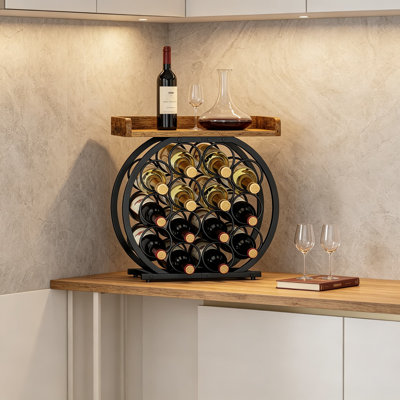 Countertop Wine Rack with Wooden Tabletop, Round Metal Freestanding Wine Bottle Storage Holder, Wine Organizer Display Stand for Pantry Home Kitchen B