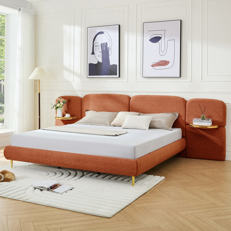 Michaelin Contemporary Minimalist Upholstered Platform Bed With Floating Nightstands, Orange