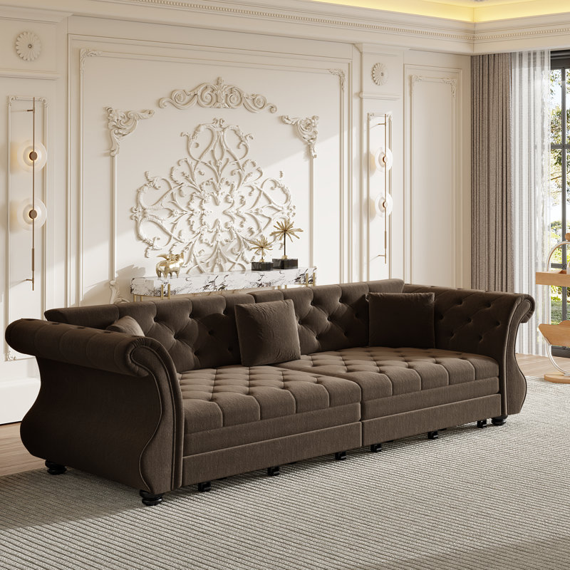 Canapé convertible surdimensionné 97,6 po Chesterfield, Brun, 34.62" H x 97.62" W x 32.72" D