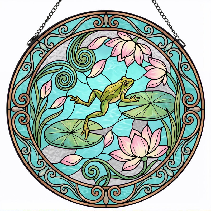 Panneau de vitrail Frog Lotus, H 7,8 po