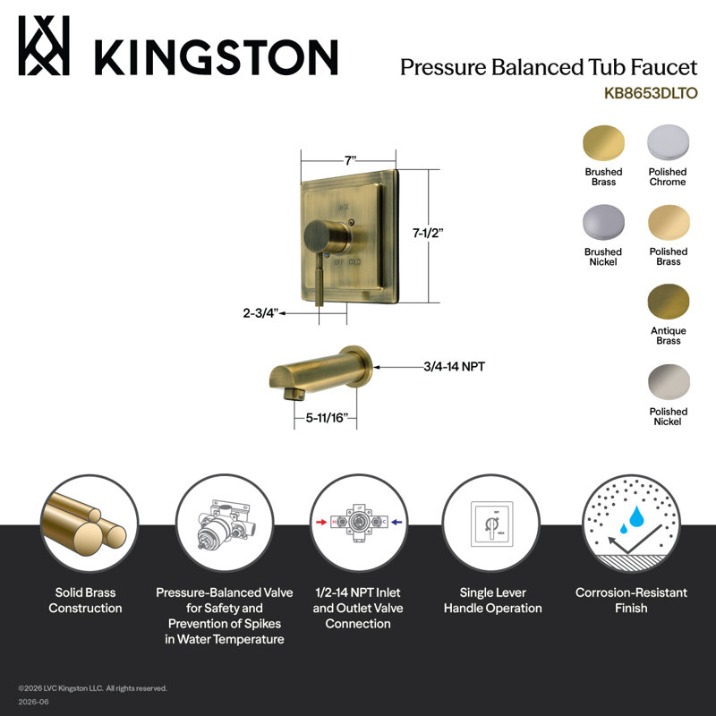 Robinet de baignoire à pression équilibrée à poignée simple Kingston Brass Concord, Laiton poli